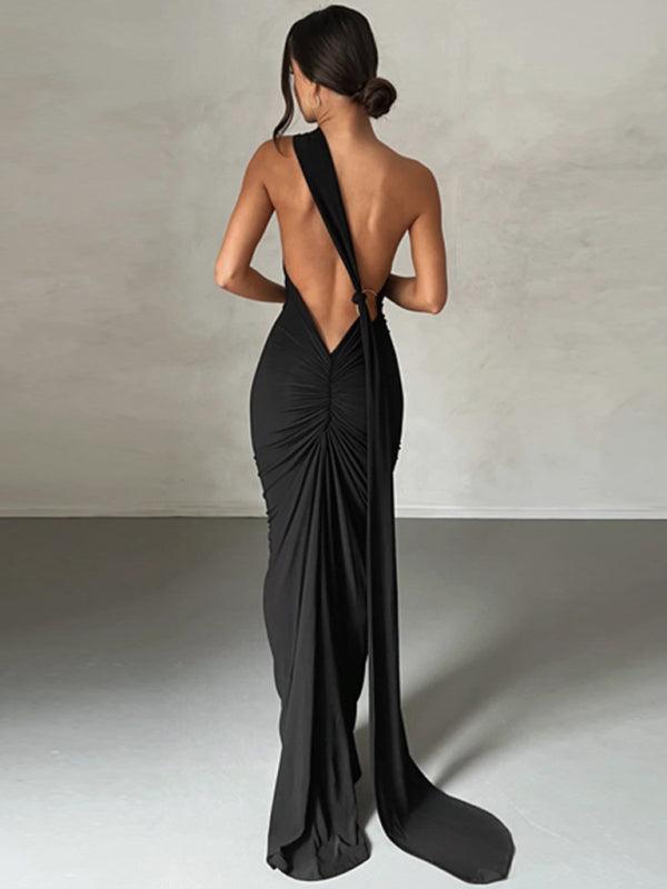 backless pleated slim fit sleeveless dress - 808Lush