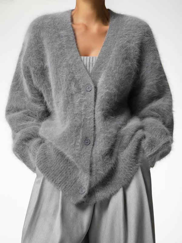 Women's loose long sleeve long wool V-neck sweater cardigan