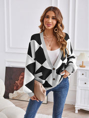 Women's V-neck geometric splicing casual loose jacket cardigan