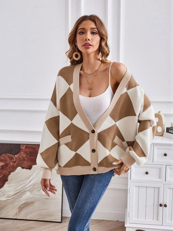 Women's V-neck geometric splicing casual loose jacket cardigan