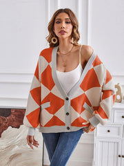 Women's V-neck geometric splicing casual loose jacket cardigan