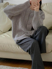 Women's twist button loose knitted cardigan