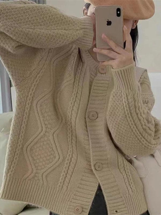 Women's twist button loose knitted cardigan