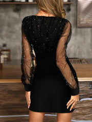 Mesh V-neck sequined long-sleeved dress slim dress