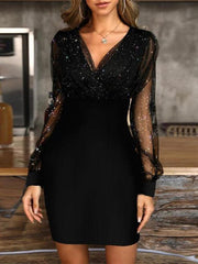 Mesh V-neck sequined long-sleeved dress slim dress