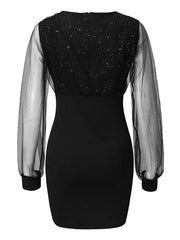 Mesh V-neck sequined long-sleeved dress slim dress