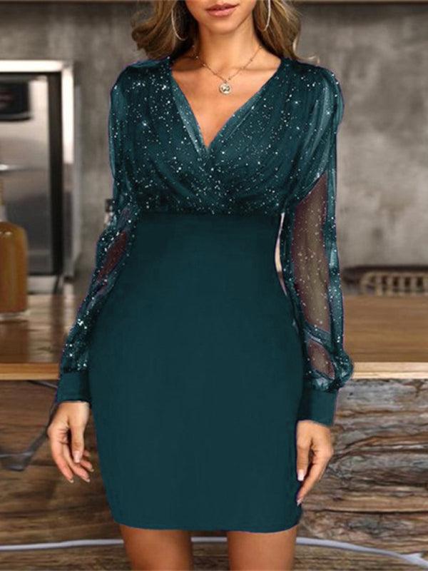 Mesh V-neck sequined long-sleeved dress slim dress