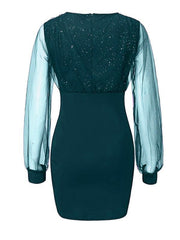 Mesh V-neck sequined long-sleeved dress slim dress