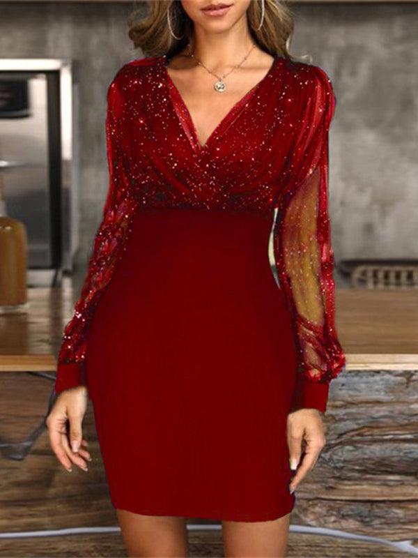 Mesh V-neck sequined long-sleeved dress slim dress