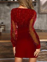 Mesh V-neck sequined long-sleeved dress slim dress