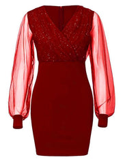 Mesh V-neck sequined long-sleeved dress slim dress