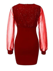 Mesh V-neck sequined long-sleeved dress slim dress