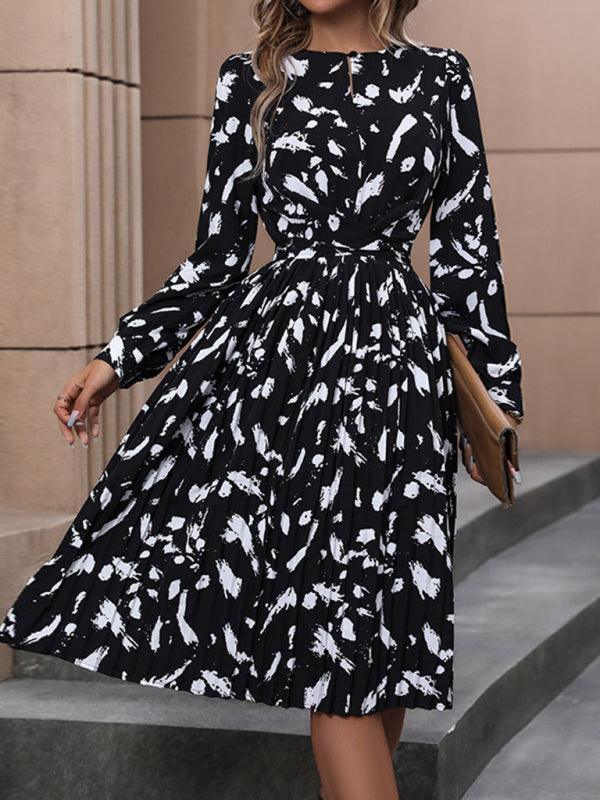 Women's printed black long-sleeved dress - 808Lush