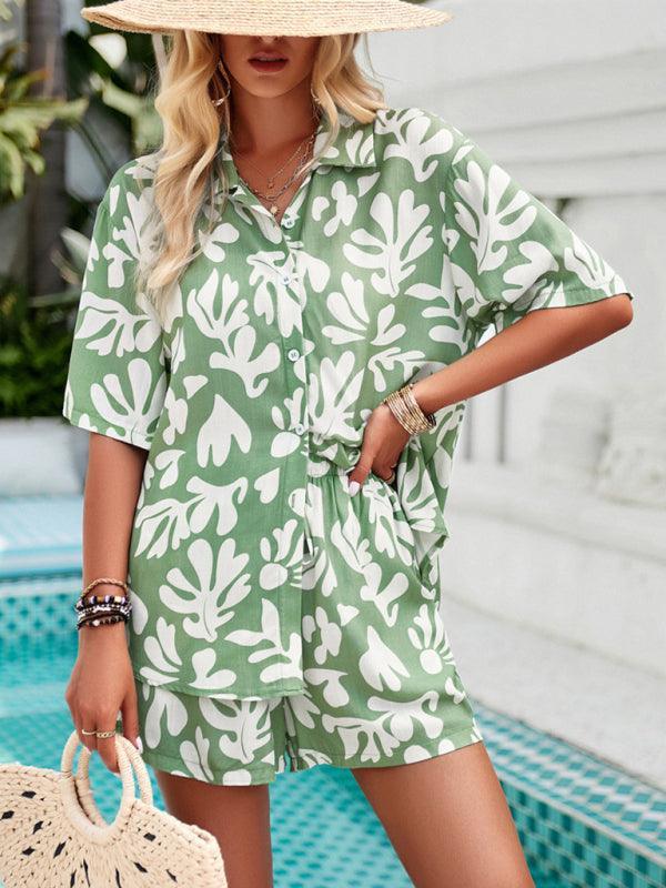 women's casual fashion resort lapel short-sleeved shirt shorts suit - 808Lush