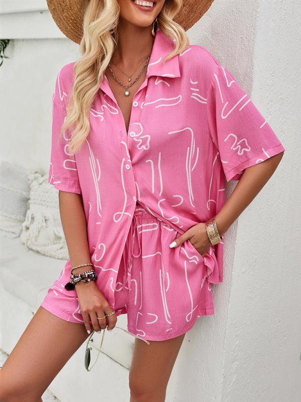 women's casual fashion resort lapel short-sleeved shirt shorts suit - 808Lush