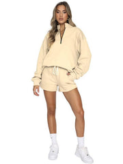 Women's Stand Collar Zipper Pullover Long Sleeve Sweatshirt Shorts Set - 808Lush