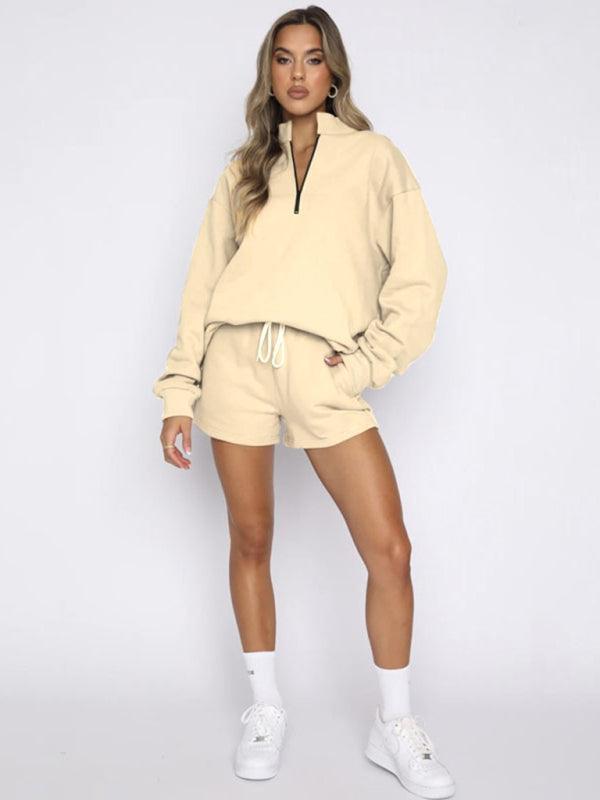 Women's Stand Collar Zipper Pullover Long Sleeve Sweatshirt Shorts Set - 808Lush