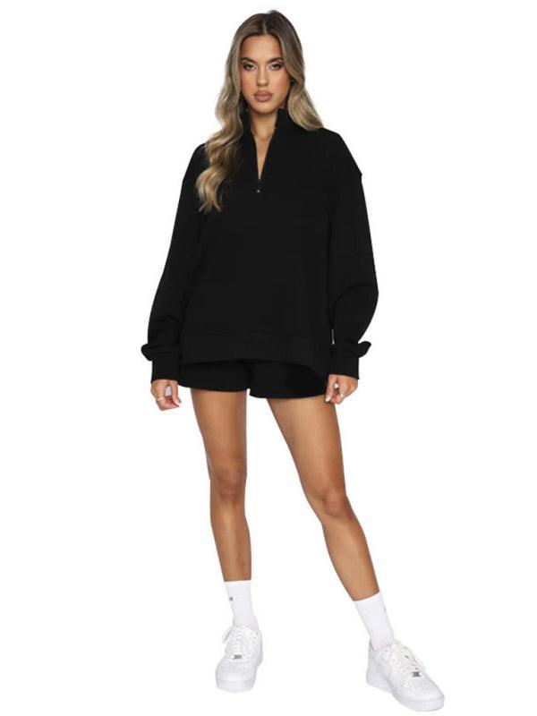 Women's Stand Collar Zipper Pullover Long Sleeve Sweatshirt Shorts Set - 808Lush