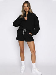 Women's Stand Collar Zipper Pullover Long Sleeve Sweatshirt Shorts Set - 808Lush