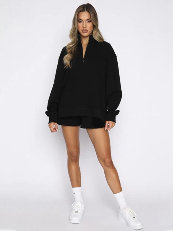 Women's Stand Collar Zipper Pullover Long Sleeve Sweatshirt Shorts Set - 808Lush