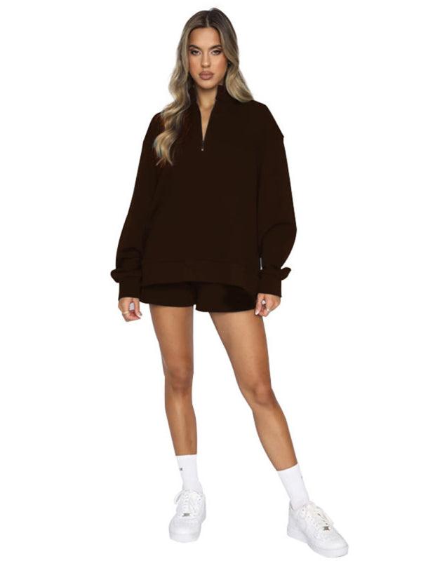 Women's Stand Collar Zipper Pullover Long Sleeve Sweatshirt Shorts Set - 808Lush