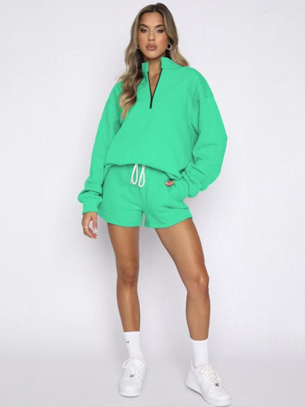 Women's Stand Collar Zipper Pullover Long Sleeve Sweatshirt Shorts Set - 808Lush