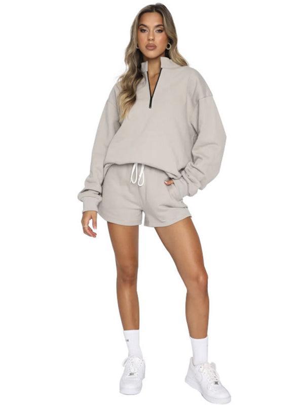 Women's Stand Collar Zipper Pullover Long Sleeve Sweatshirt Shorts Set - 808Lush