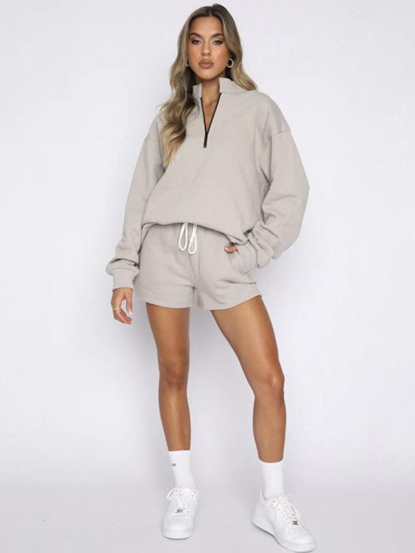 Women's Stand Collar Zipper Pullover Long Sleeve Sweatshirt Shorts Set - 808Lush