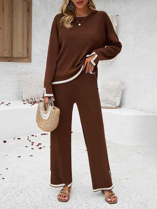 Women's casual solid color knitted long-sleeved two-piece set - 808Lush