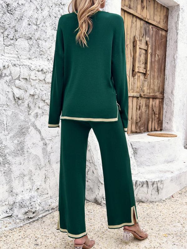 Women's casual solid color knitted long-sleeved two-piece set - 808Lush