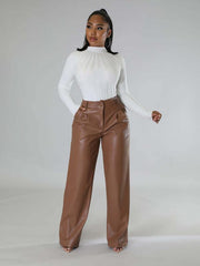 PU women's loose wide-leg pocket casual leather pants - 808Lush