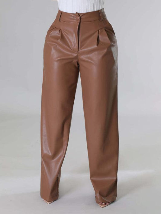 PU women's loose wide-leg pocket casual leather pants - 808Lush