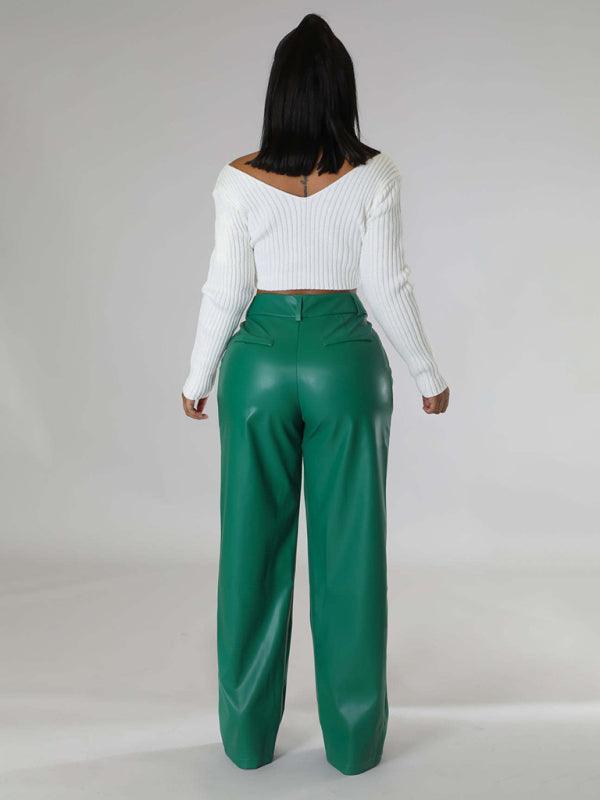 PU women's loose wide-leg pocket casual leather pants - 808Lush