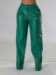 PU women's loose wide-leg pocket casual leather pants - 808Lush