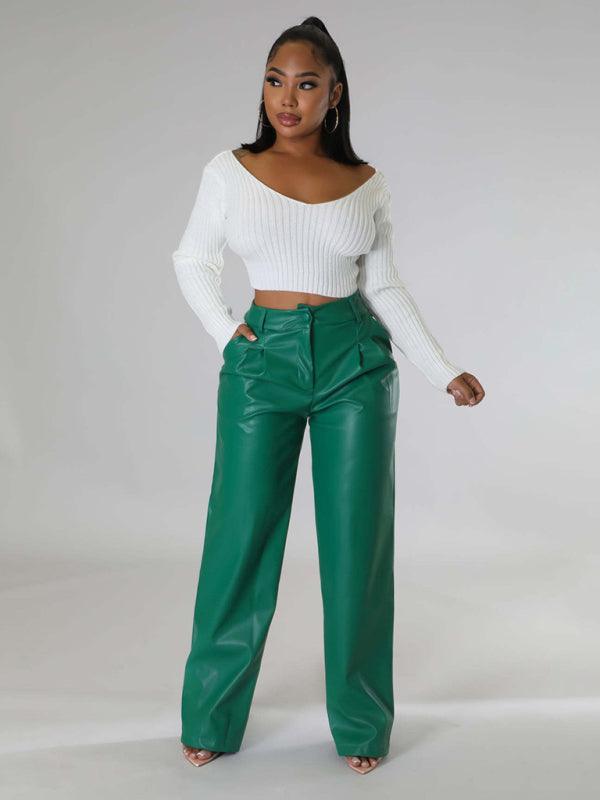 PU women's loose wide-leg pocket casual leather pants - 808Lush