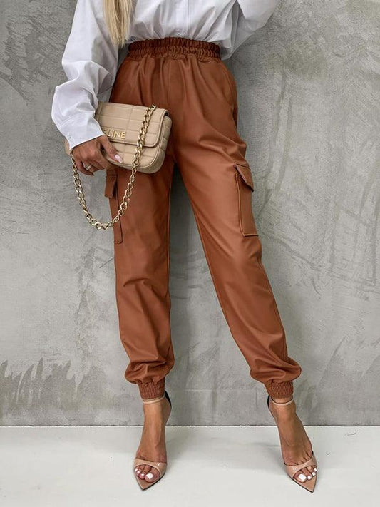 Pocket straight leg elastic waist leather trousers - 808Lush