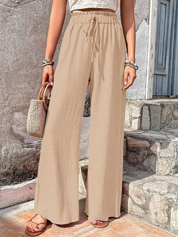 Elastic waist puff plaid casual wide leg pants - 808Lush