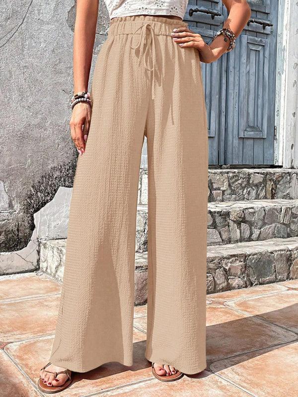 Elastic waist puff plaid casual wide leg pants - 808Lush