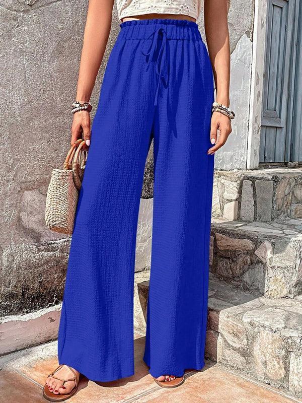 Elastic waist puff plaid casual wide leg pants - 808Lush