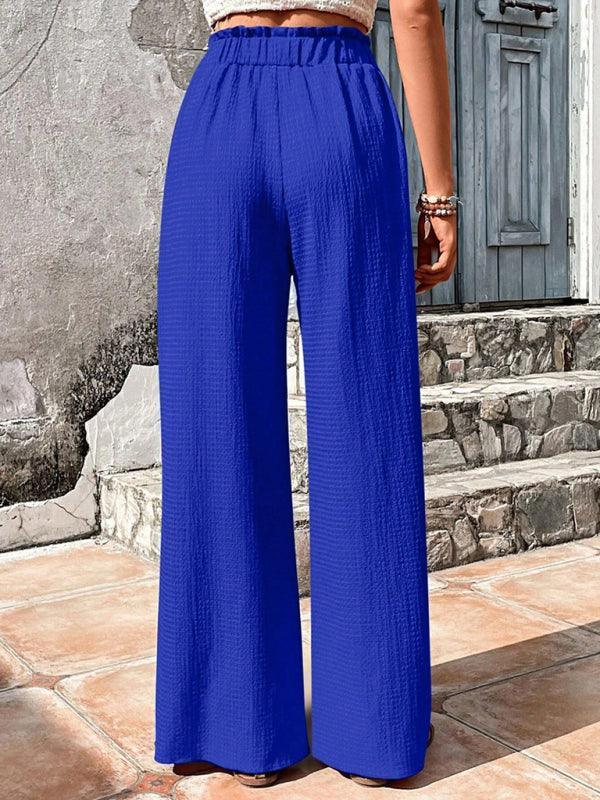 Elastic waist puff plaid casual wide leg pants - 808Lush