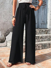 Elastic waist puff plaid casual wide leg pants - 808Lush