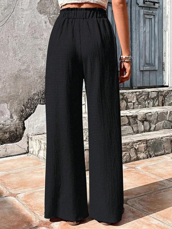 Elastic waist puff plaid casual wide leg pants - 808Lush