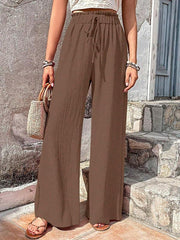 Elastic waist puff plaid casual wide leg pants - 808Lush