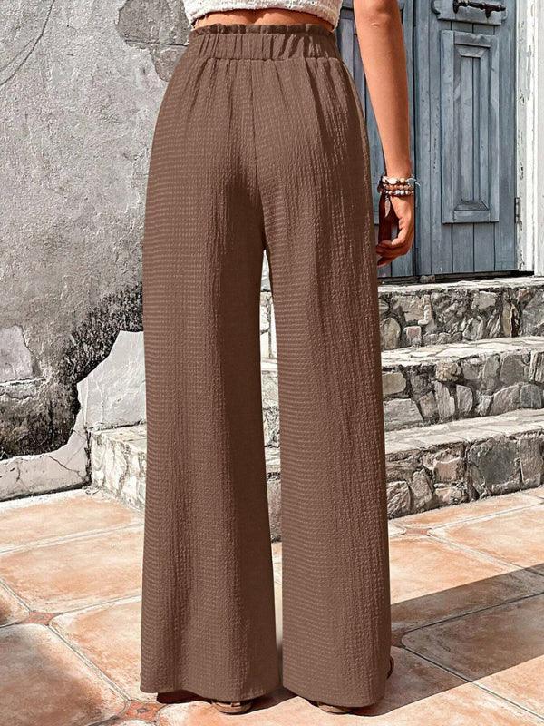 Elastic waist puff plaid casual wide leg pants - 808Lush