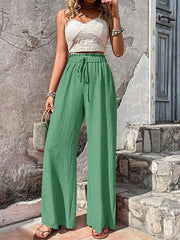 Elastic waist puff plaid casual wide leg pants - 808Lush