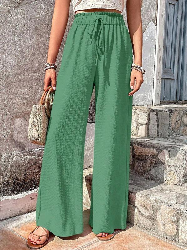 Elastic waist puff plaid casual wide leg pants - 808Lush