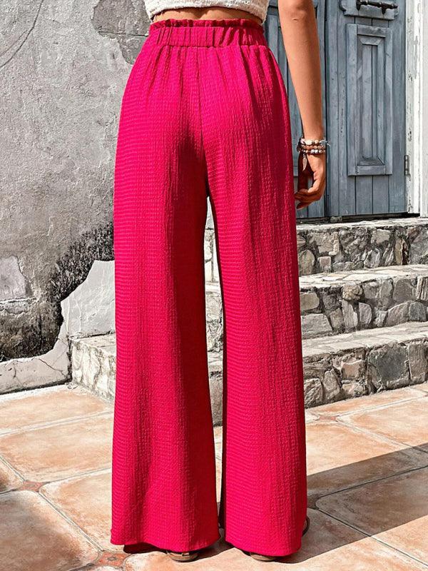 Elastic waist puff plaid casual wide leg pants - 808Lush