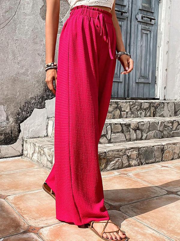 Elastic waist puff plaid casual wide leg pants - 808Lush