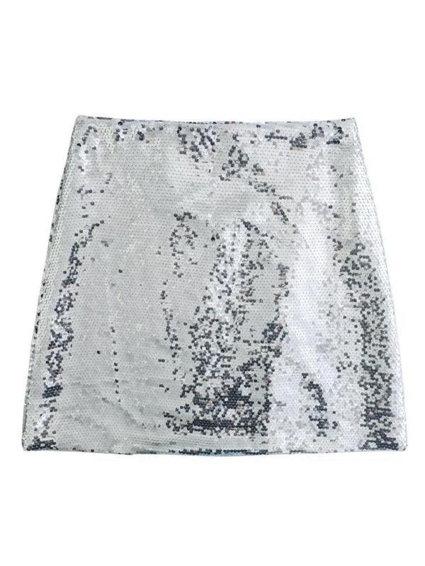 fashion hot girl silver sequined high waist skirt with slits on both sides - 808Lush