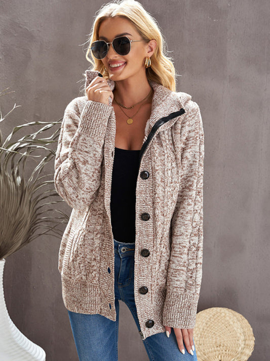 Women's warm hooded long-sleeved cardigan knitted